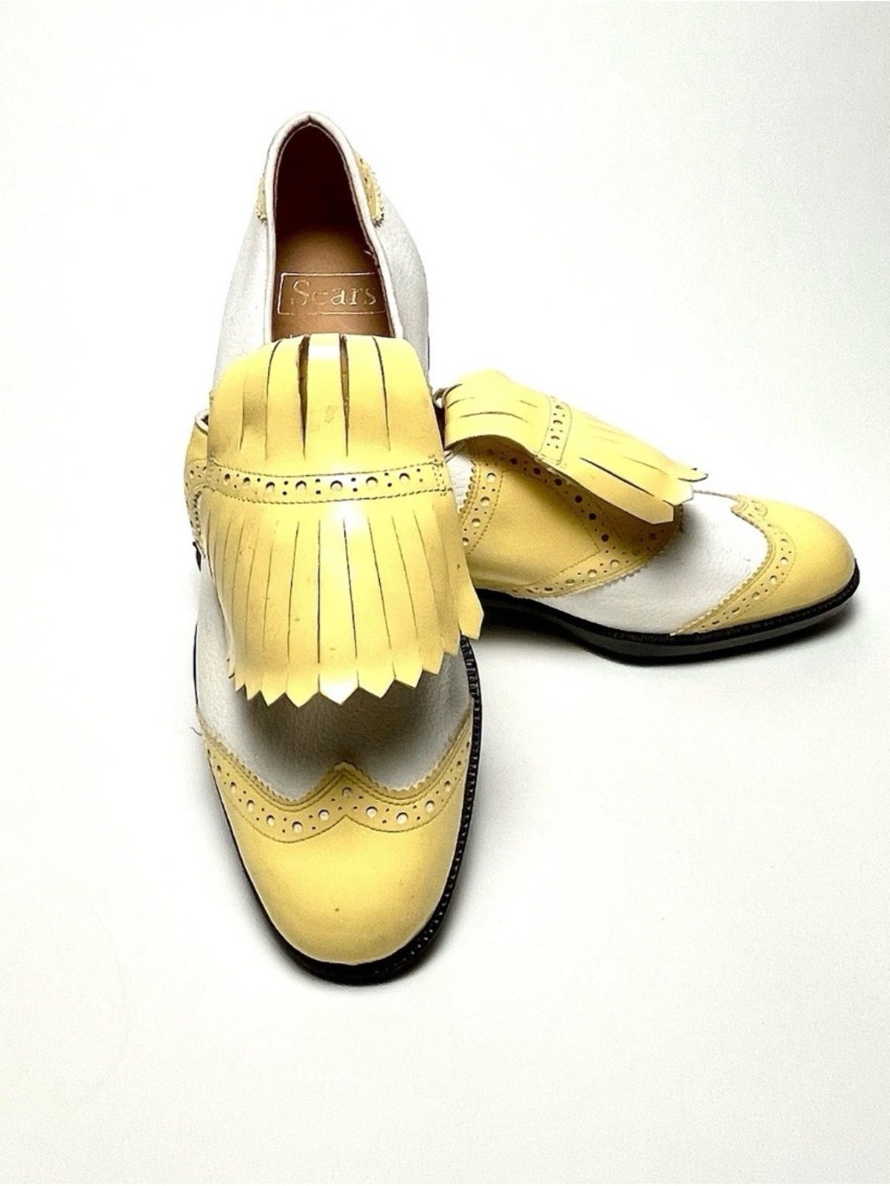 Vintage 60s Sears DuPont Corfam Wingtip Kiltie Golf Shoes Yellow White Men’s 9D